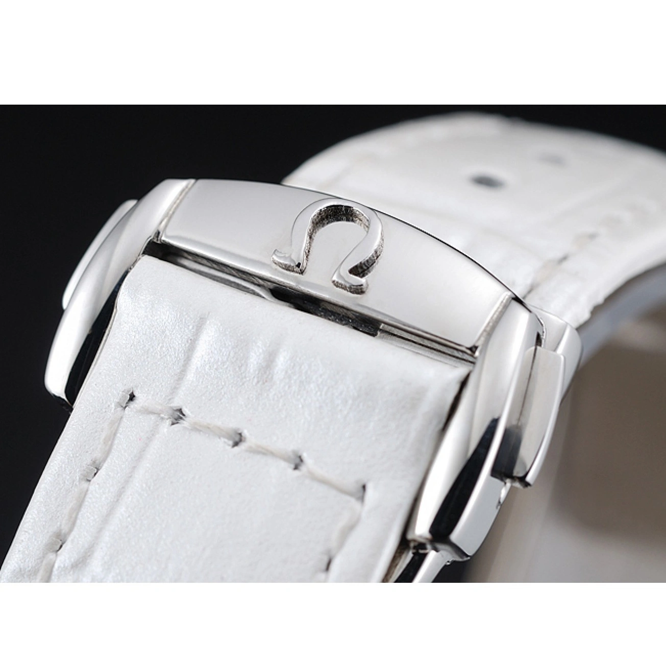 1013 Omega DeVille Prestige White Dial Silver Diamond Case White Leather Bracelet 1454119